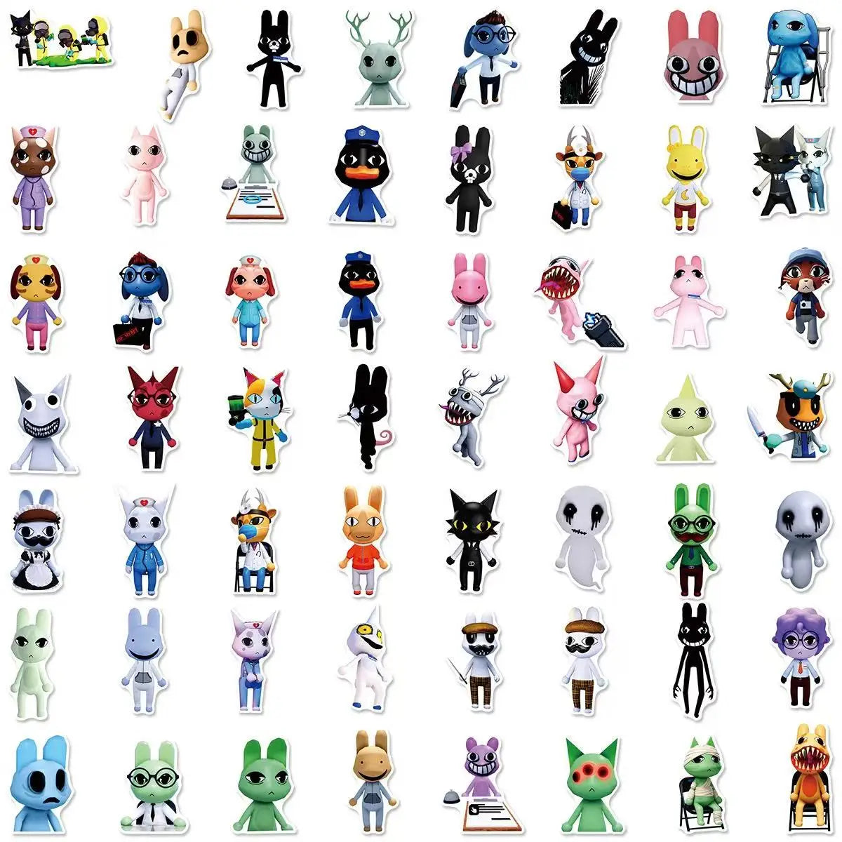 A collection of plush toys featuring animals like cats, dogs, penguins, and bunnies.