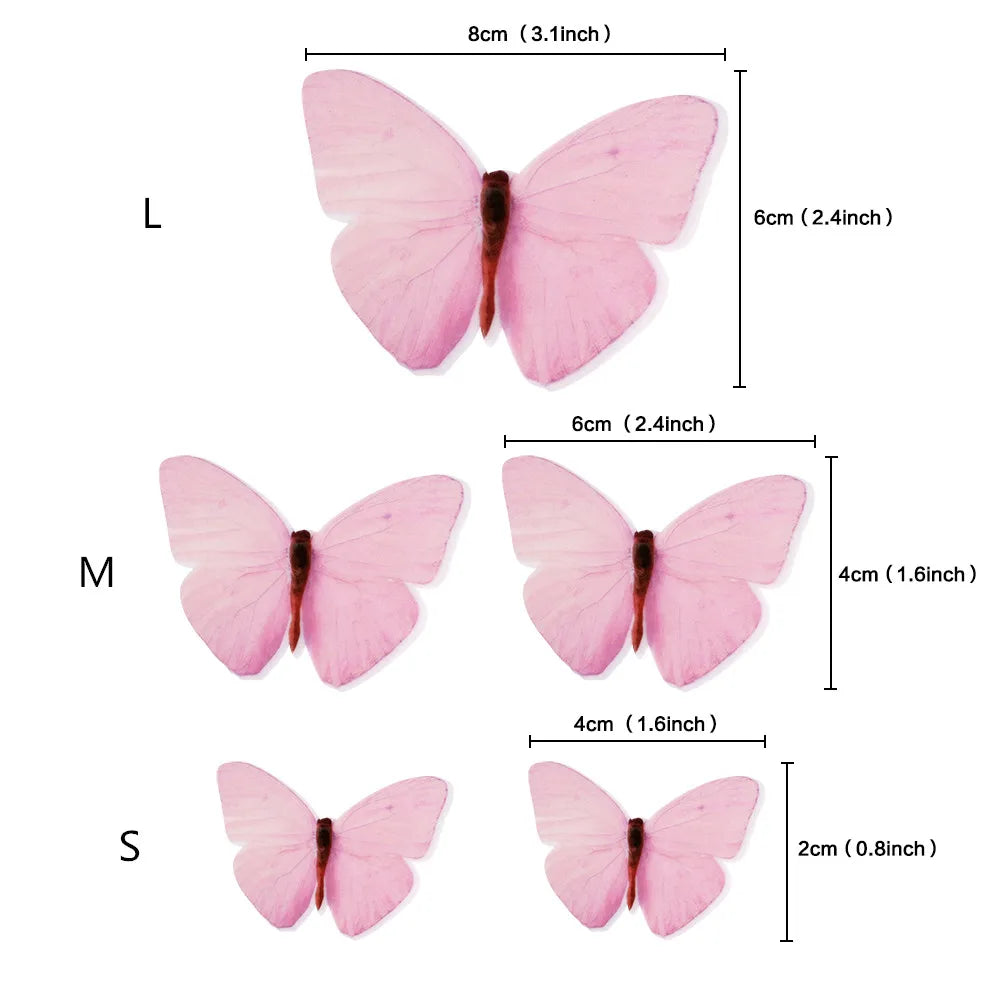 Three butterfly cake toppers in pink shades labeled L, M, and S showing different sizes.