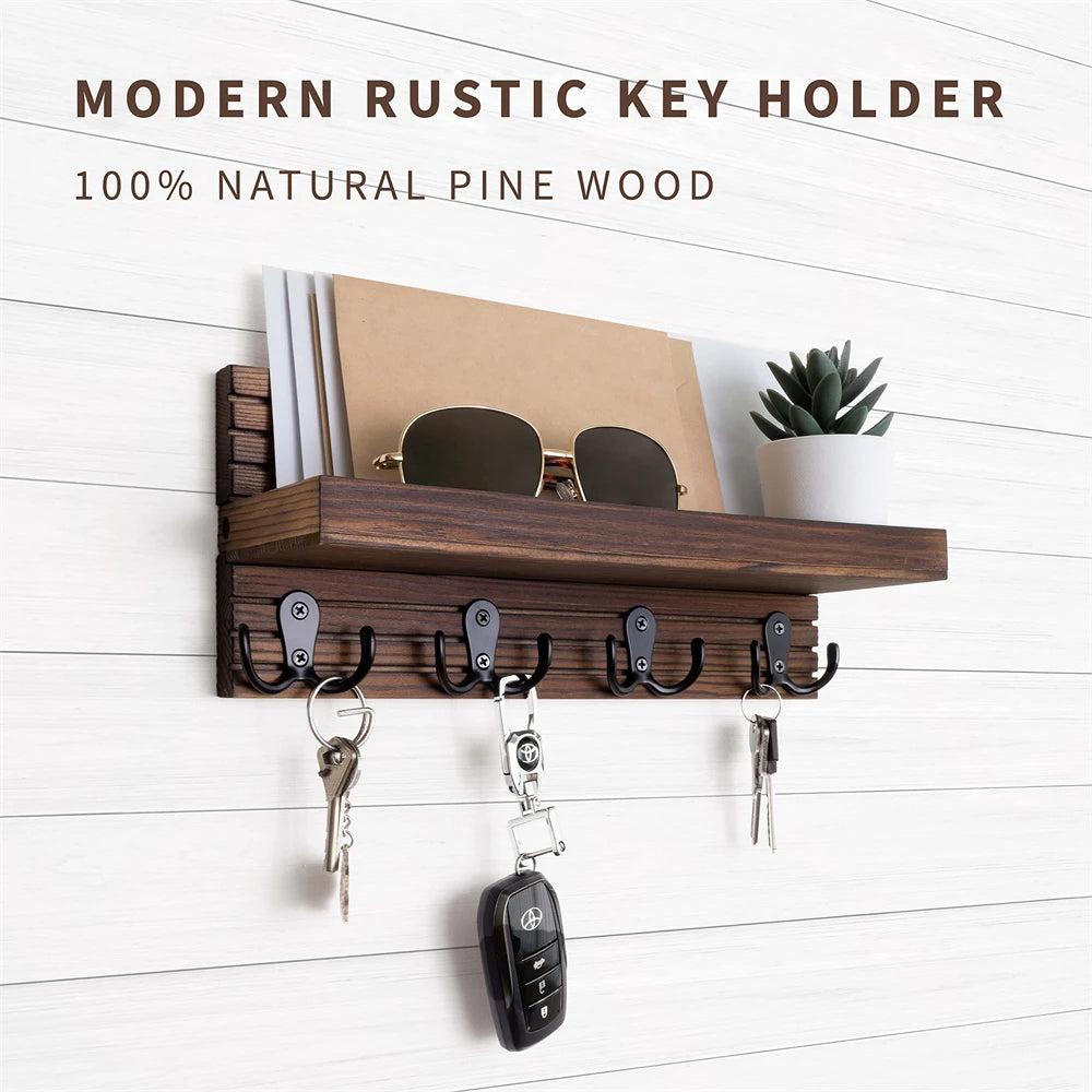 A modern rustic key holder made of 100% natural pine wood with various keys and a house key displayed on a white background.