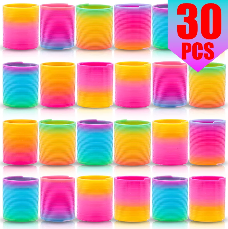 A collection of 30 colorful, striped plastic party favors in rainbow colors.