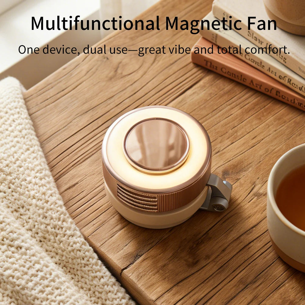 A beige magnetic bladeless fan resting on a wooden surface next to a knitted fabric and a cup.