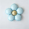 A set of five matte foil balloons in light blue with a gold center, shaped like flowers.
