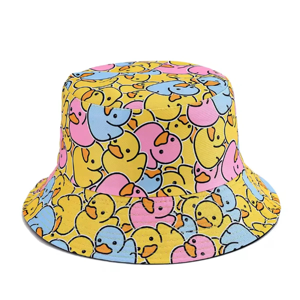 A yellow and pink duck print reversible bucket hat.