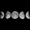 A series of lunar phases, from new moon to full moon and gibbous, against a black night sky.