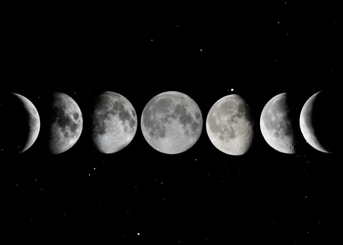 A series of lunar phases, from new moon to full moon and gibbous, against a black night sky.