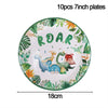 A green and white plate decorated with dinosaurs and the word ROAR, part of a disposable tableware set.