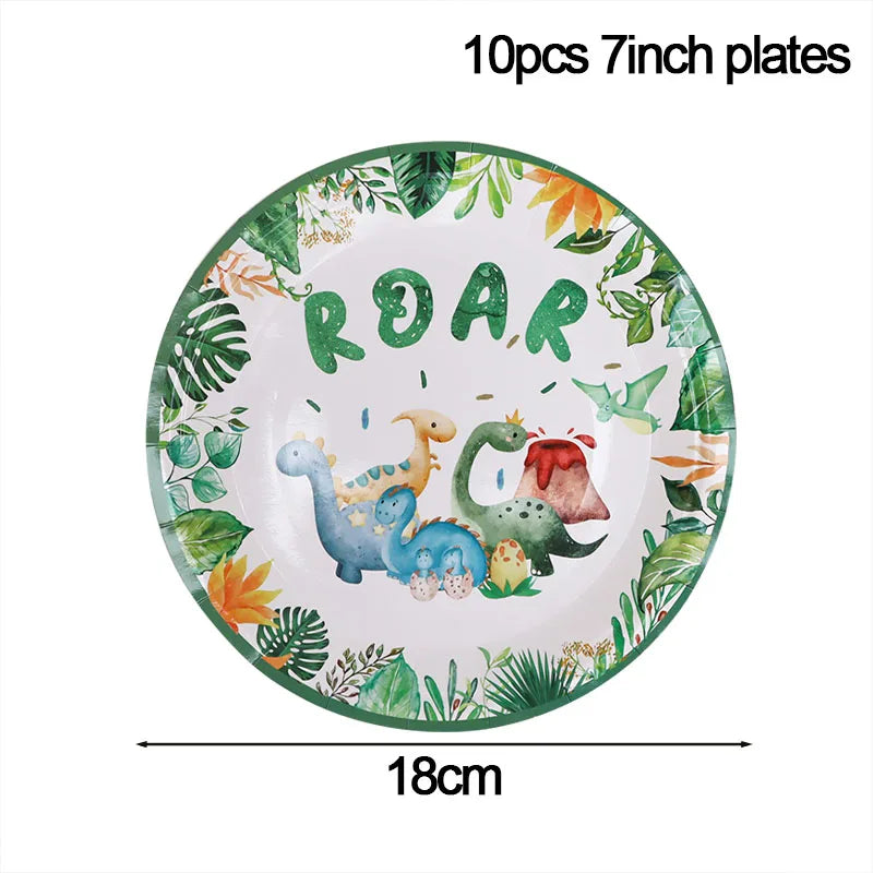A green and white plate decorated with dinosaurs and the word ROAR, part of a disposable tableware set.