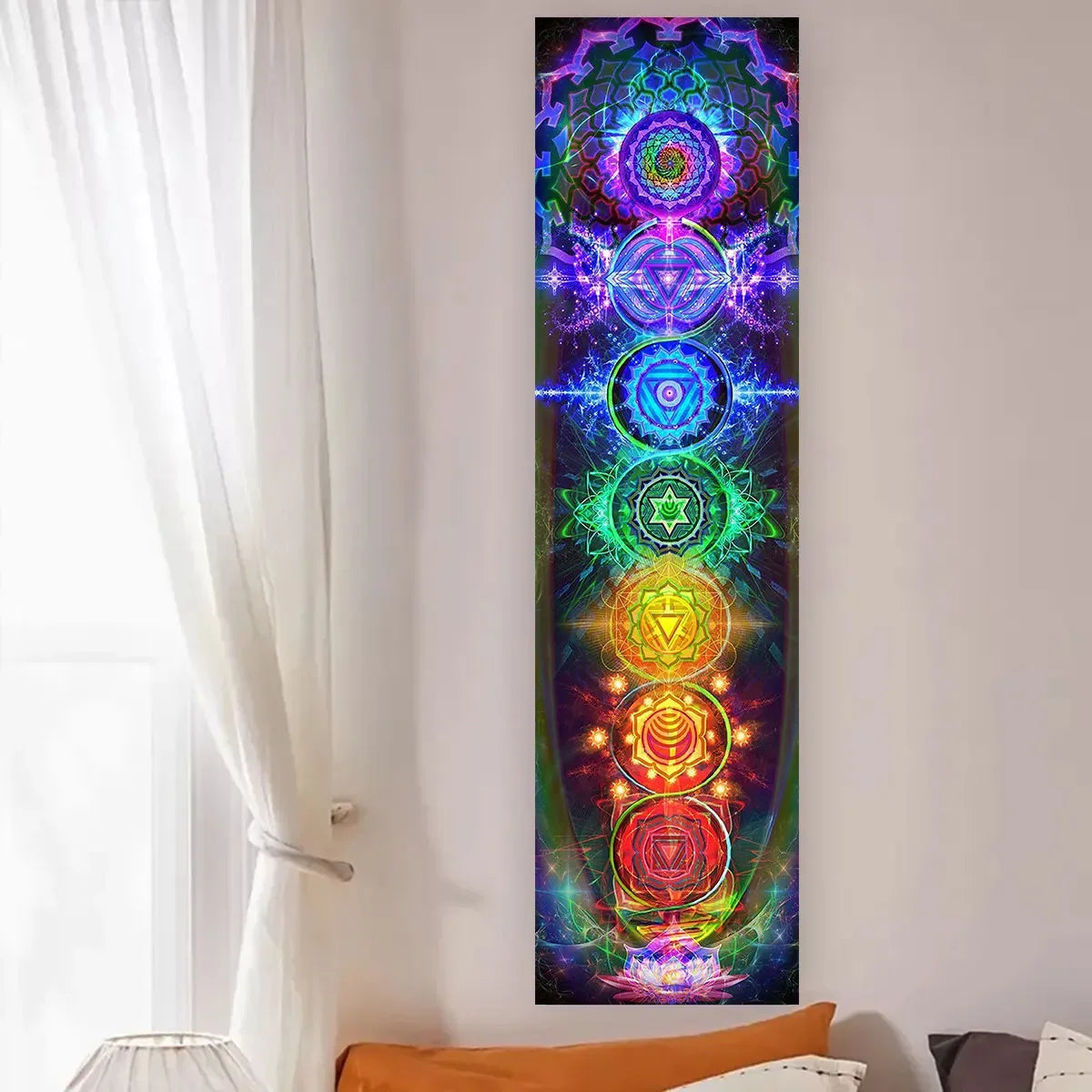 Vertical tapestry featuring vibrant, colorful chakra designs for spiritual decor