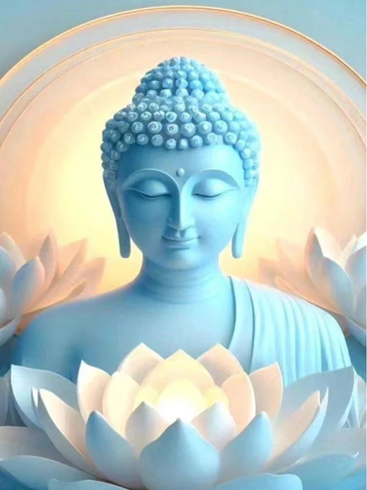 A serene blue Buddha statue with a glowing halo and lotus design.