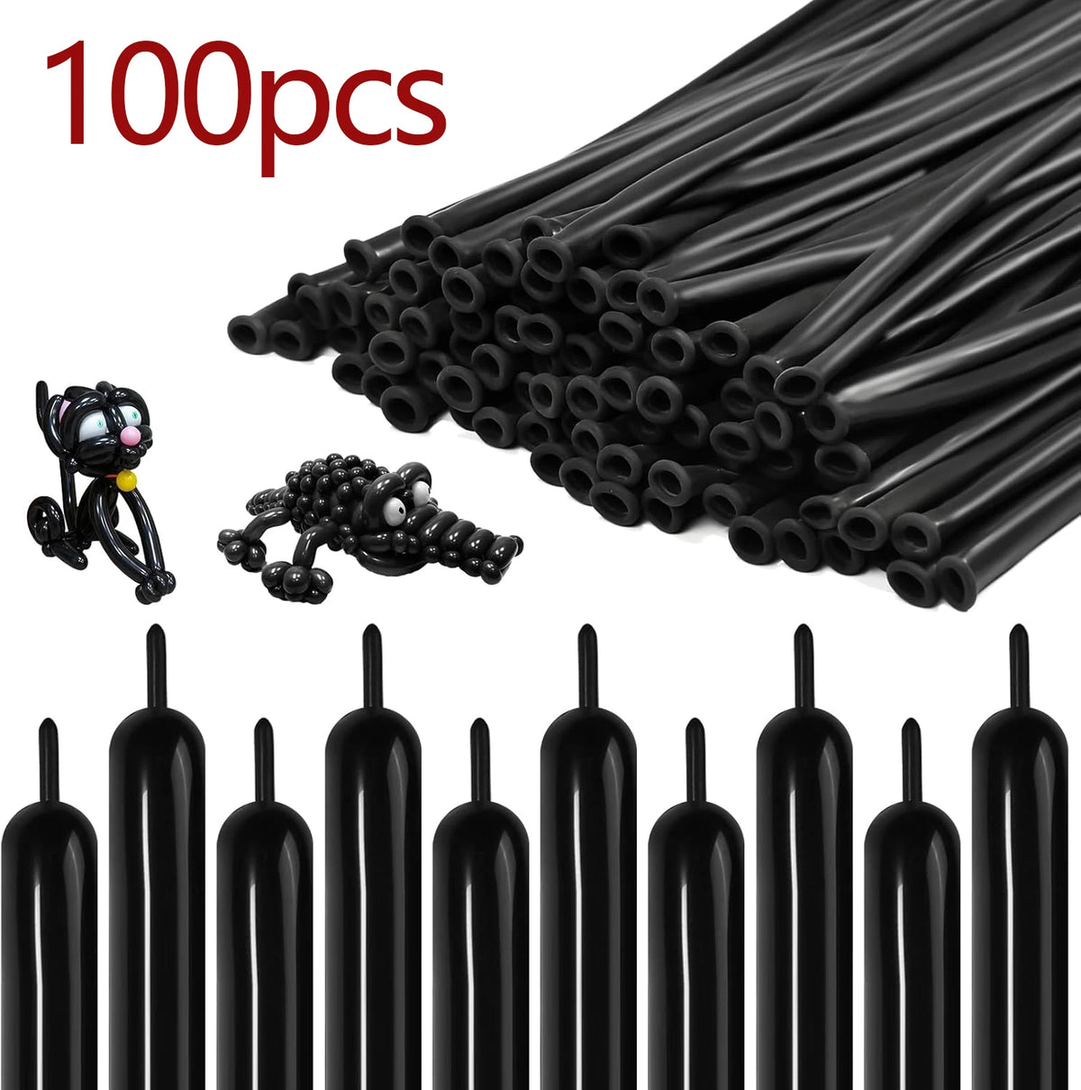 A collection of matte black latex balloons and various black balloon tools are shown.