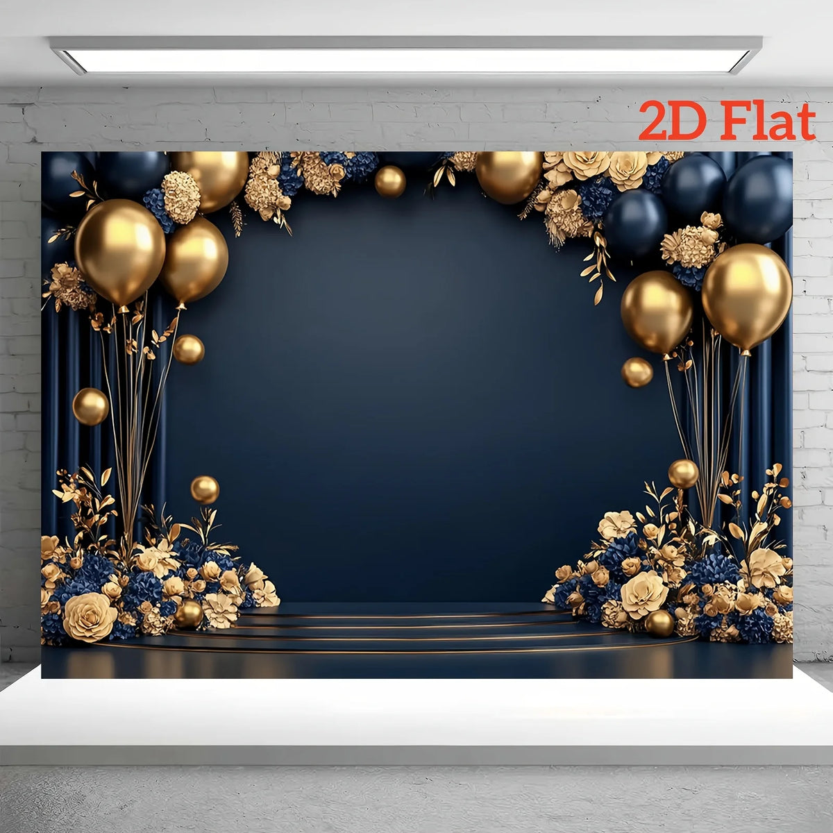 A dark blue and gold floral backdrop featuring balloons and greenery for a party decoration.