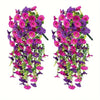 Artificial hanging morning glory flowers in shades of purple and pink with green eucalyptus leaves