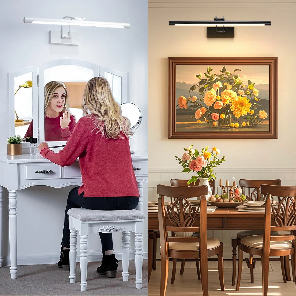 A modern dimmable LED wall lamp with a swing arm is mounted above a bathroom vanity mirror.