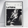 Black and white poster art titled La Haine featuring a dramatic close-up of a person looking upwards