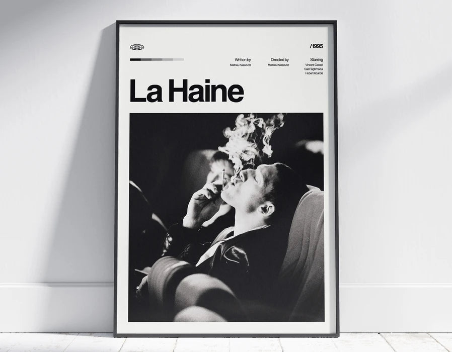 Black and white poster art titled La Haine featuring a dramatic close-up of a person looking upwards