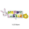 A large foil balloon shaped like a happy Easter bunny with colorful lettering.