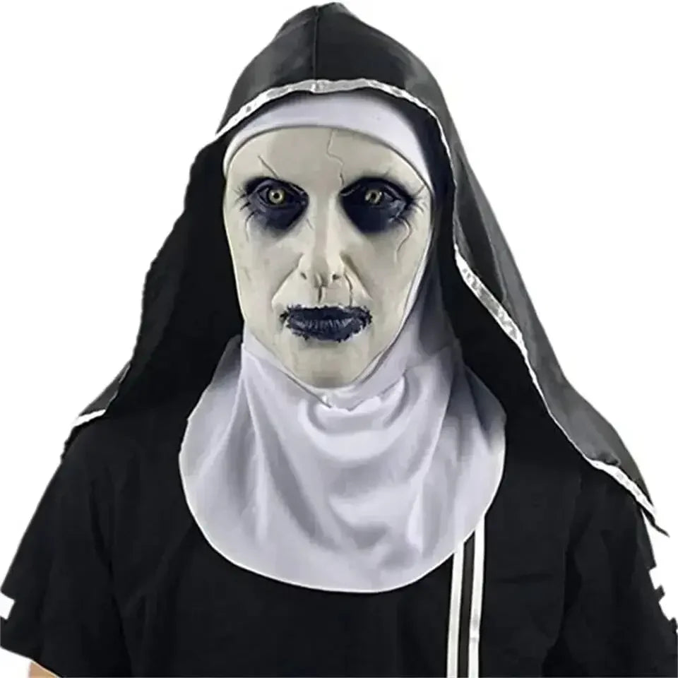 A realistic horror animal mask with pale skin, dark eyes, and a black hood and white collar.