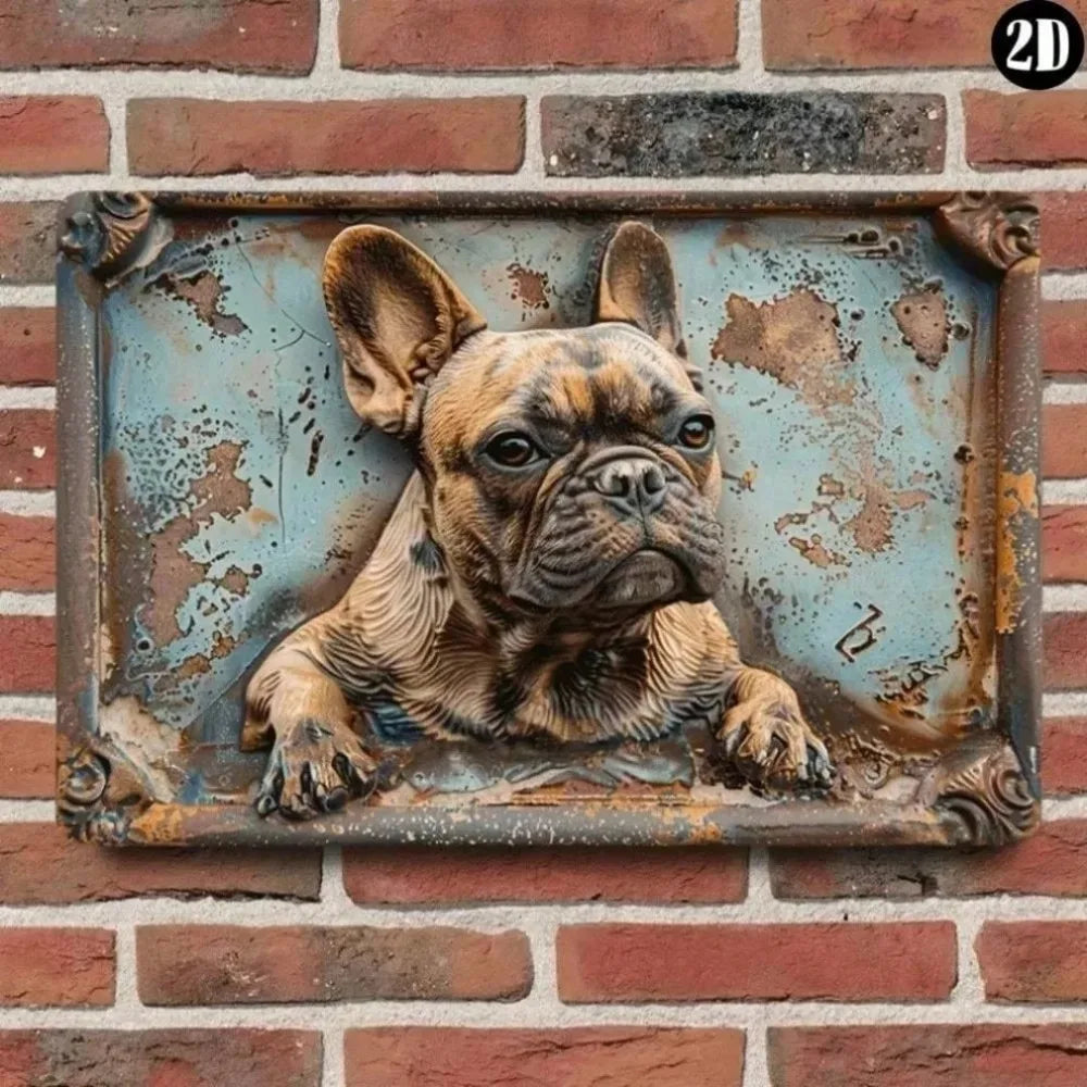 A vintage metal wall sign featuring a detailed bronze-colored sculpture of a French Bulldog mounted on a brick wall.