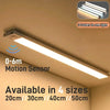 A long LED light bar with a motion sensor is installed under a ceiling, available in four sizes.