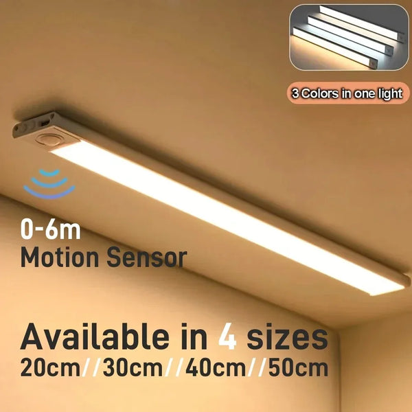 A long LED light bar with a motion sensor is installed under a ceiling, available in four sizes.