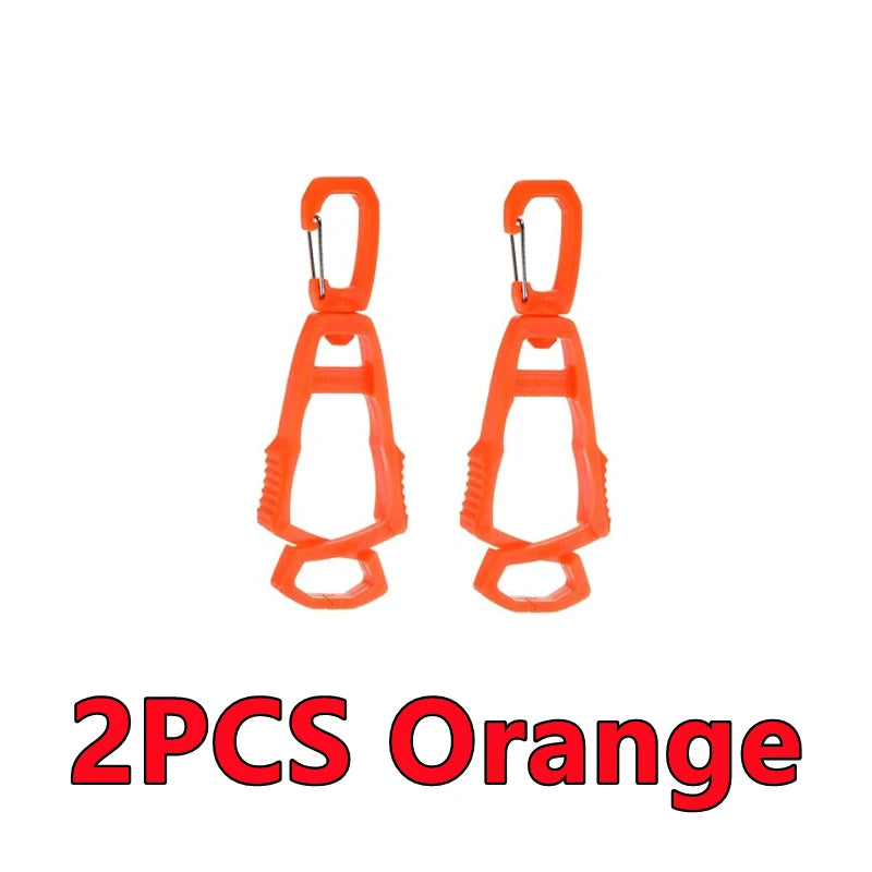 Two orange durable glove clip holders for securing items.