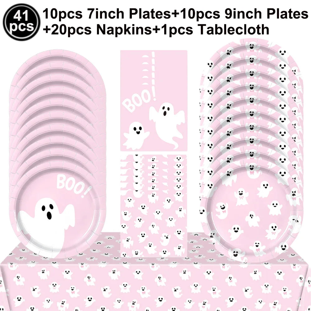 A pink ghost Halloween party tableware set including 10 pieces of 7-inch plates, 10 pieces of 9-inch plates, 20 napkins, and 