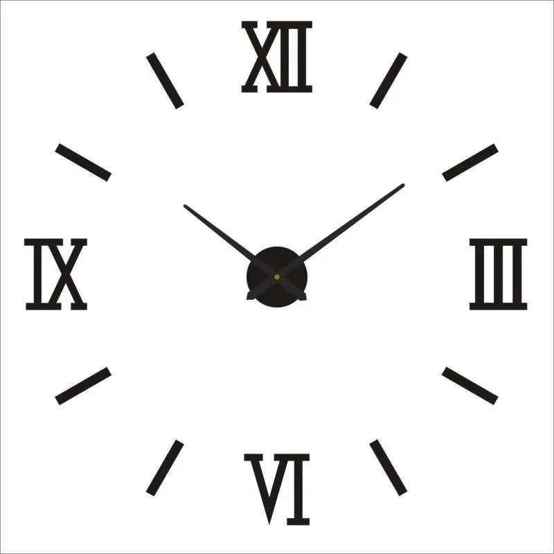 A white clock face with Roman numerals showing the time, featuring black hands and modern 3D acrylic numbers.