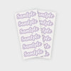 A sheet of purple personalized name stickers with the word sample repeated on each label