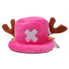 Pink plush knit cap featuring brown elf ears and a silver cross design