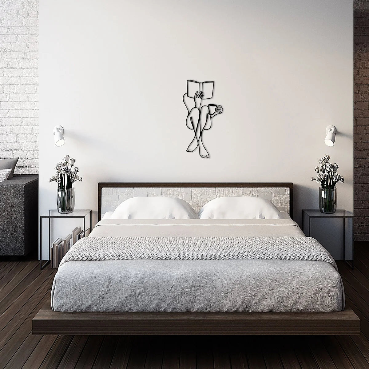 Elegant metal line art wall decor featuring a stylized hand holding an open book above a modern bed.