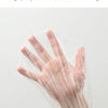 A hand is shown wearing a clear, reusable plastic food wrap cover.