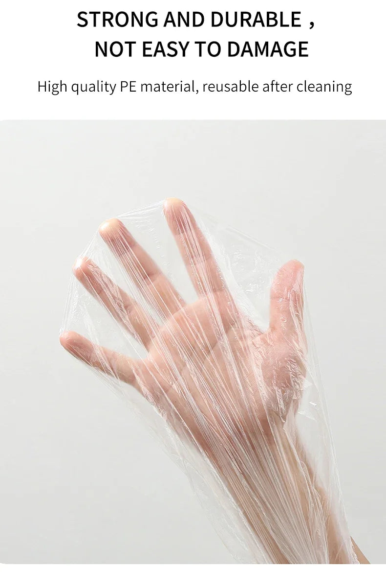 A hand is shown wearing a clear, reusable plastic food wrap cover.