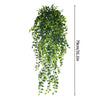 A vertical display of artificial hanging morning glory vines with bright green leaves.