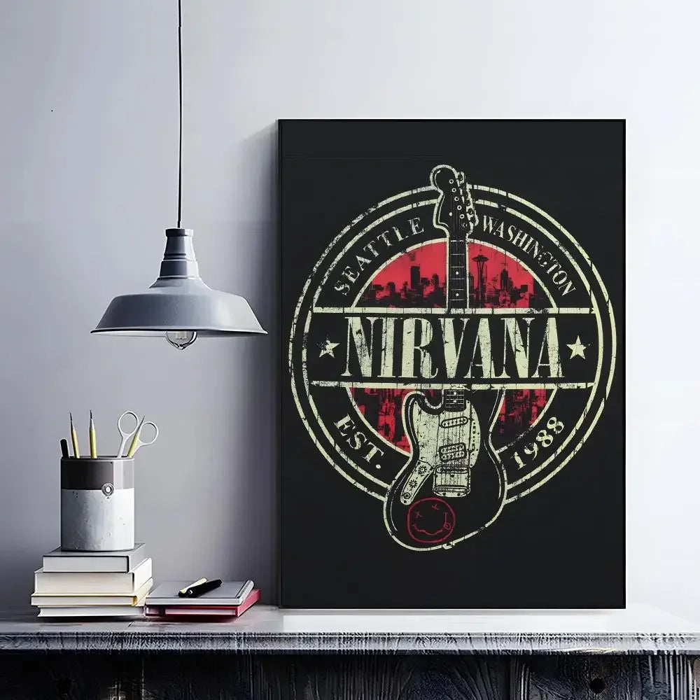 A black poster featuring the Nirvana logo and guitar silhouette with a red background, displayed on a shelf.