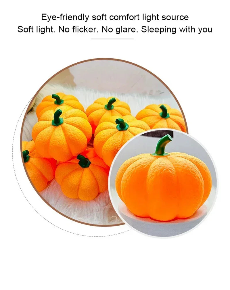 An orange decorative LED pumpkin night light with a green stem, shown in a close-up view.
