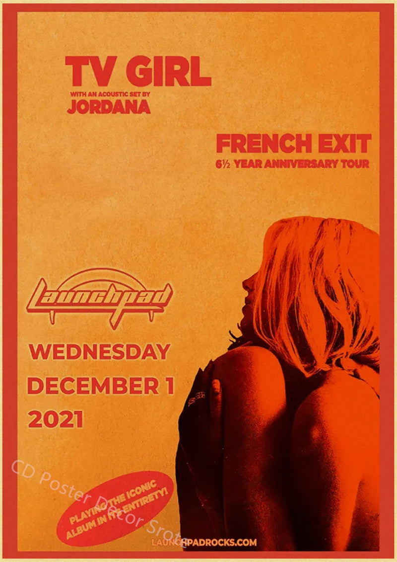 A vintage orange and red poster advertising Jordana's French Exit 6 1/2 year anniversary tour on Wednesday, December 1, 2021.