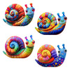 A vibrant, colorful metal snail sculpture with a spiral shell and antennae, used as wall art or garden decor.