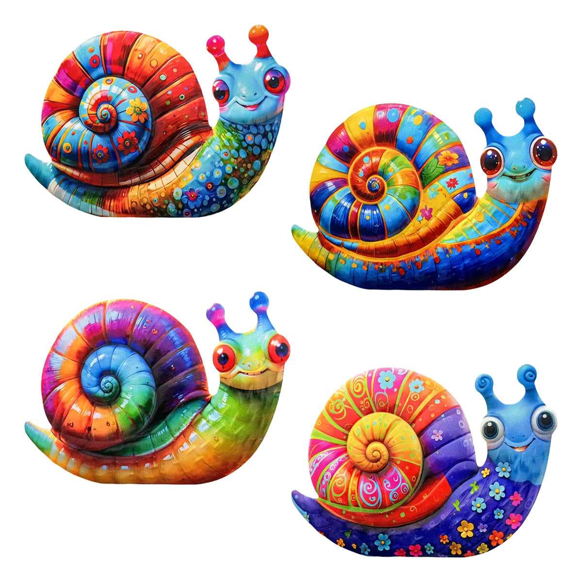 A vibrant, colorful metal snail sculpture with a spiral shell and antennae, used as wall art or garden decor.