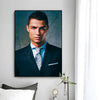 A portrait of Cristiano Ronaldo in a suit, displayed as modern wall art print.