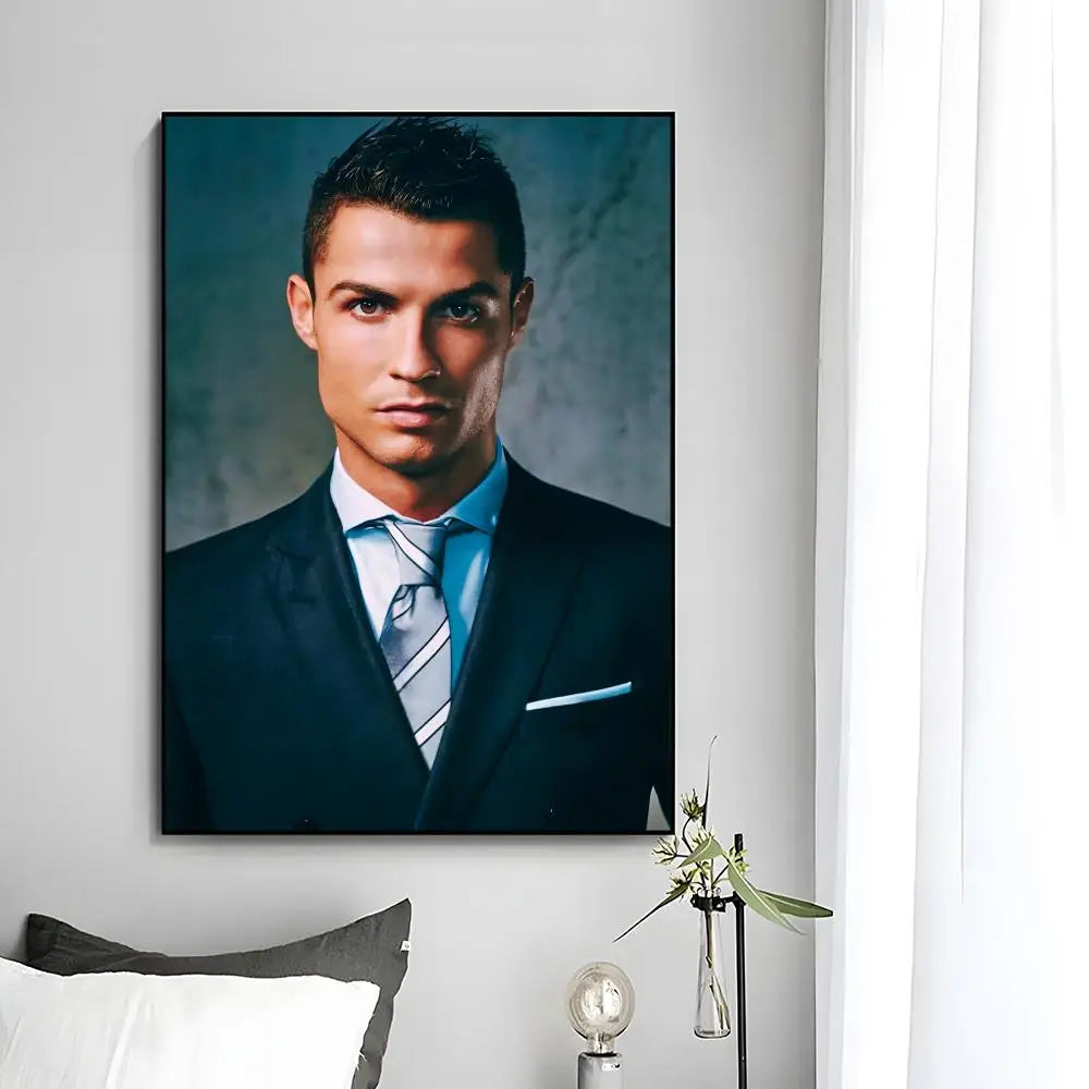 A portrait of Cristiano Ronaldo in a suit, displayed as modern wall art print.