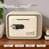 A beige multifunctional safe box with a digital lock mechanism is shown on a wooden surface.