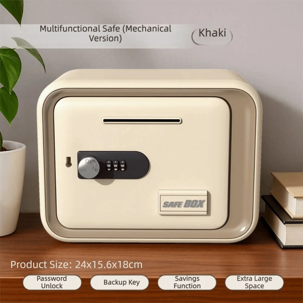A beige multifunctional safe box with a digital lock mechanism is shown on a wooden surface.
