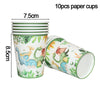 A set of 10 paper cups featuring a dinosaur theme with green and yellow foliage patterns.