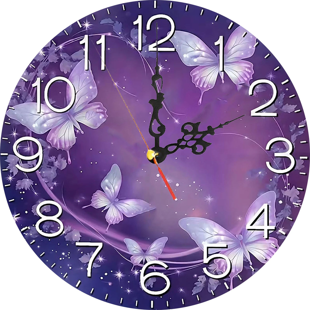 A round wall clock face decorated with purple hues and butterflies, showing the time.