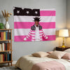 A decorative banner flag featuring the American flag design with pink and white stripes and a black field, displayed above a 