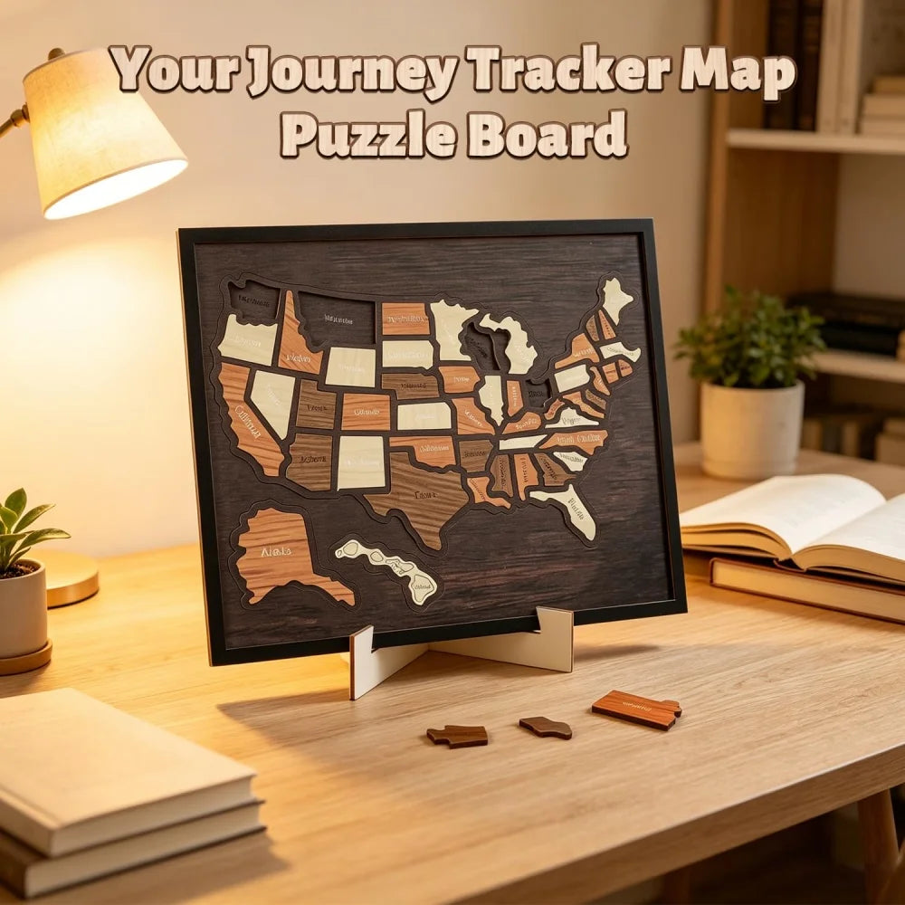 A framed puzzle board featuring a map of the USA made of wooden pieces on a wooden desk.