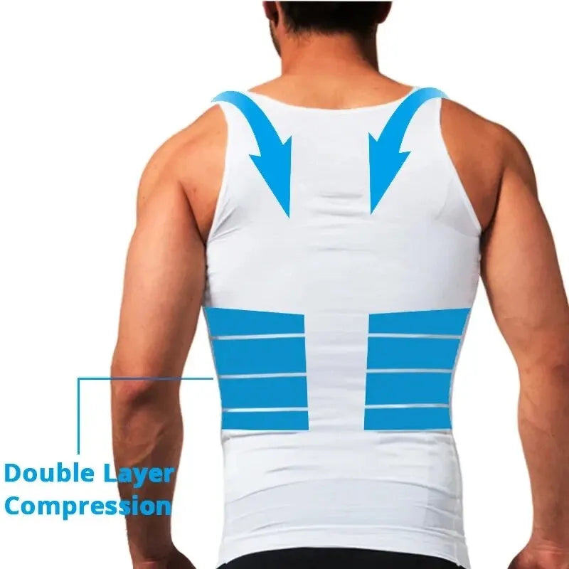 White men's seamless compression tank top showing double layer compression on the waist and core area.
