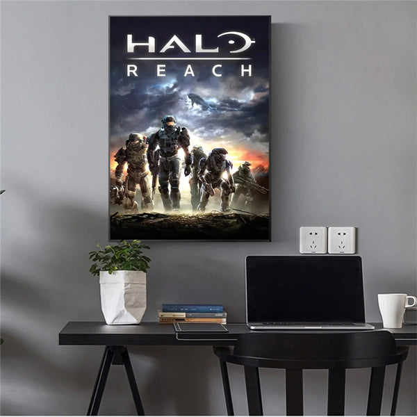 A canvas art print featuring a dark, dramatic scene of soldiers in futuristic armor against a stormy sky.