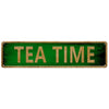 A rectangular wooden sign with green background and gold lettering that reads TEA TIME