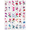 A grid of 30 temporary body art stickers featuring various floral and nature designs in pink, red, purple, and blue.